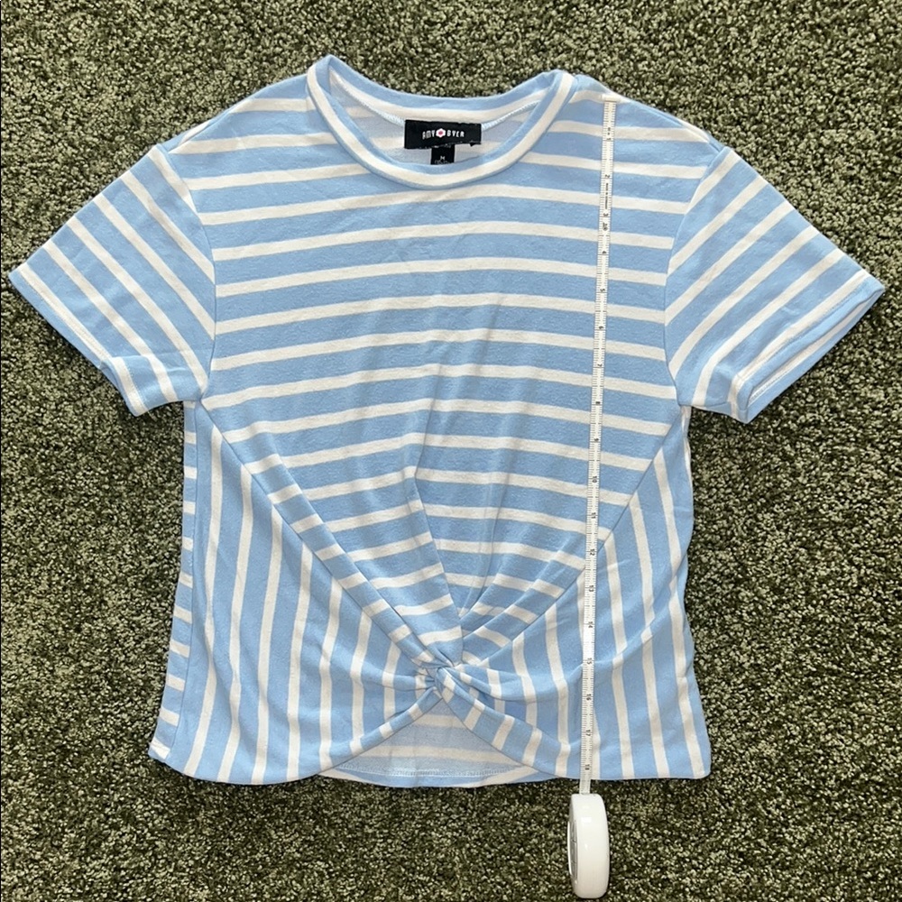 Amy Byer Light Blue & White Striped Knot-Front Tee